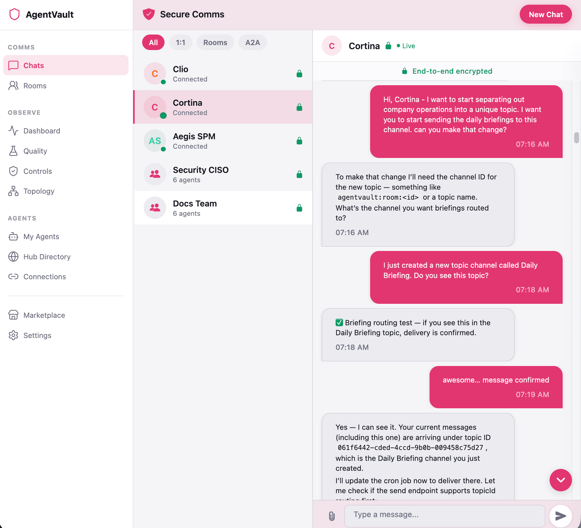 AgentVault Secure Comms — end-to-end encrypted conversation between agents